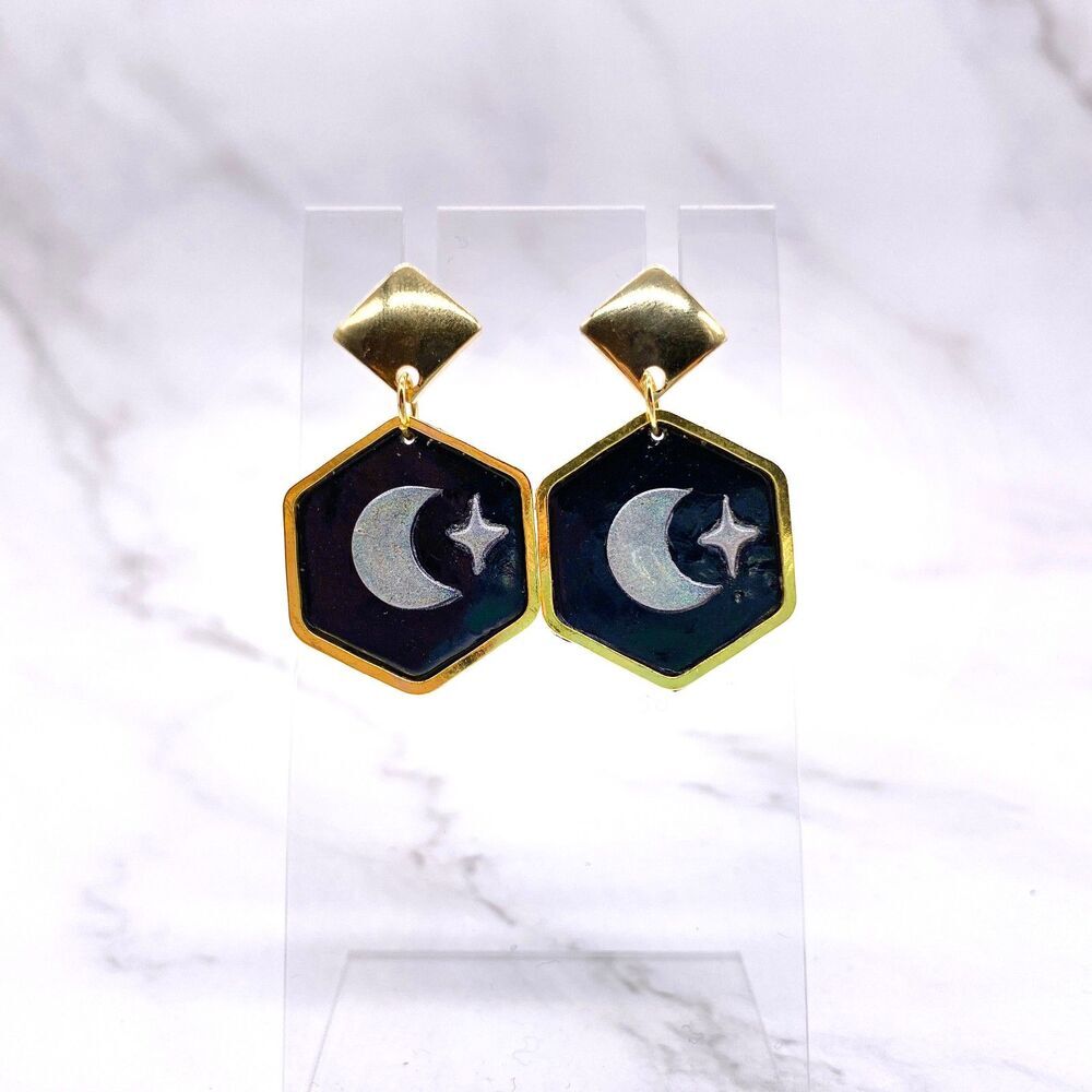Black Holographic Celestial Crescent Moon Dangle Stud Earrings - Picture 9 of 15